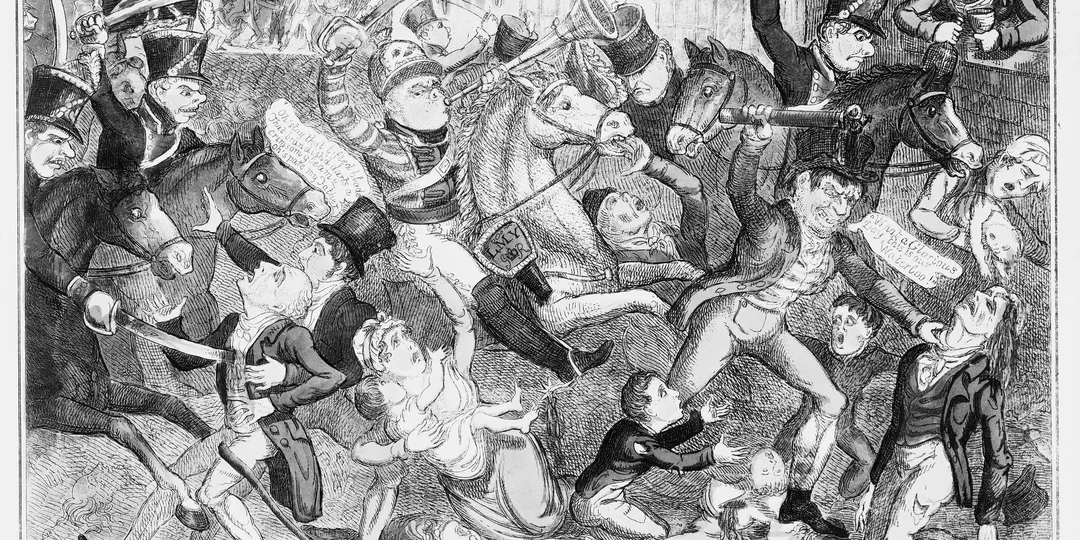 The Massacre of Peterloo!, an 1819 print showing mounted yeomanry riding down a crowd of unarmed demonstrators