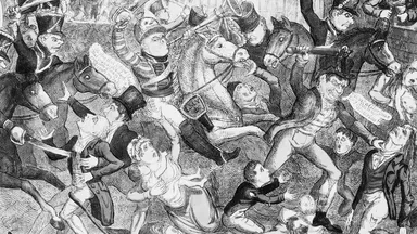 The Massacre of Peterloo!, an 1819 print showing mounted yeomanry riding down a crowd of unarmed demonstrators